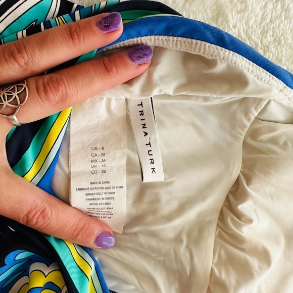 Trina Turk Blue and Yellow One Piece Swimsuit with Plunging Neckline - Picture 6 of 6